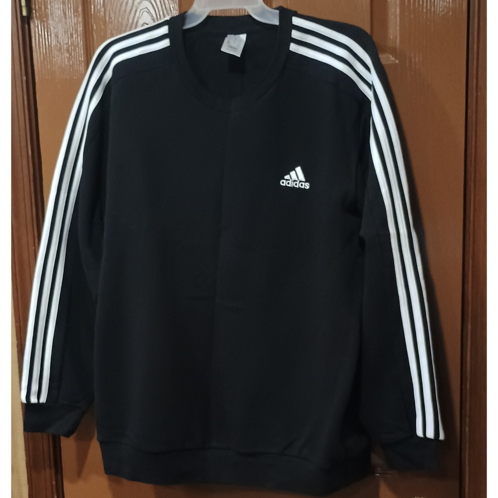 Adidas Sweatshirt Mens XL Black Excellent 3-Stripes Crewneck Fleece Pullover - Picture 5 of 5